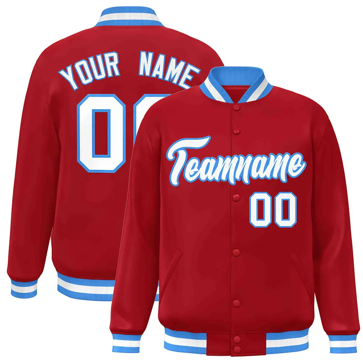 Red White-Powder Blue Varsity Full-Snap Letterman Jacket