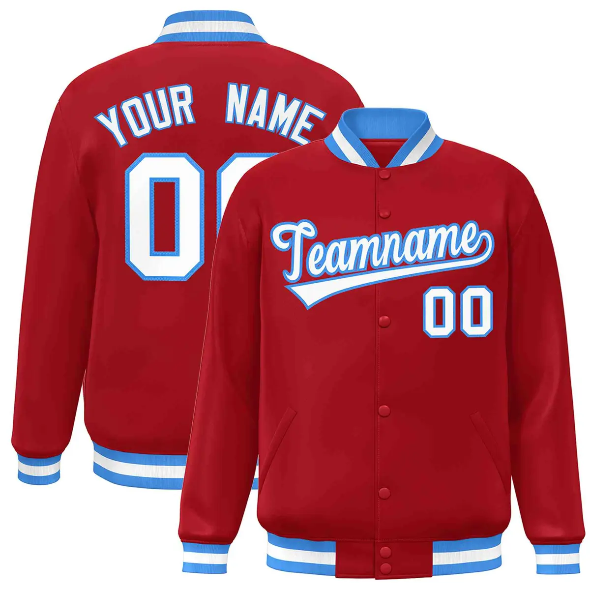 Red White-Powder Blue Varsity Full-Snap Letterman Jacket