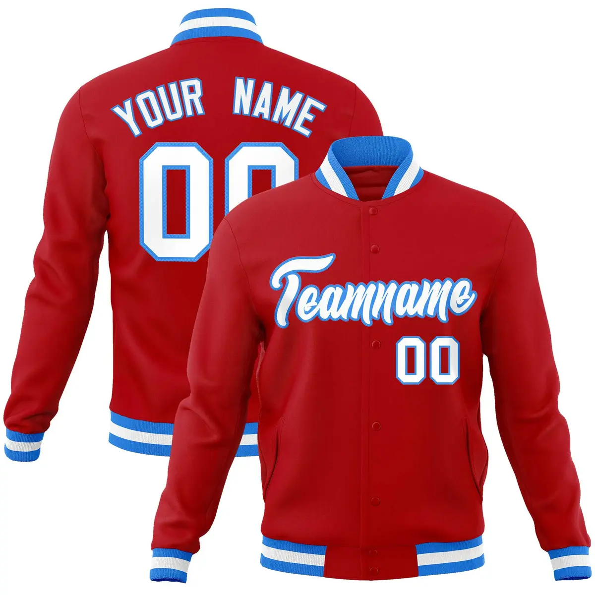 Red White-Powder Blue Varsity Full-Snap Letterman Jacket