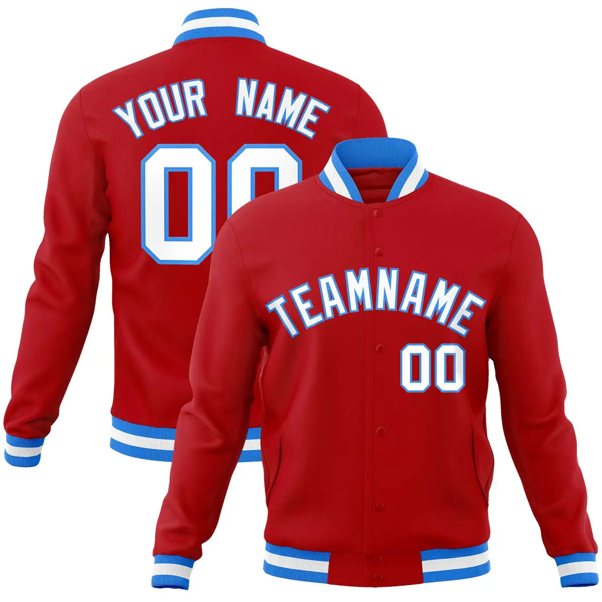 Red White-Powder Blue Varsity Full-Snap Letterman Jacket
