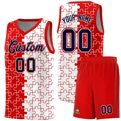 Red White Puzzle Pattern Splid Basketball Kits 1