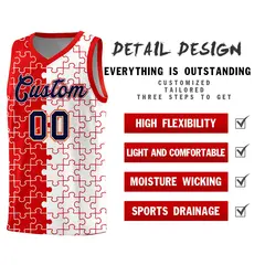 Red White Puzzle Pattern Splid Basketball Kits 2