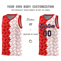 Red White Puzzle Pattern Splid Basketball Kits 3