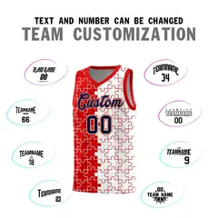 Red White Puzzle Pattern Splid Basketball Kits 4
