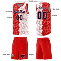Red White Puzzle Pattern Splid Basketball Kits 5