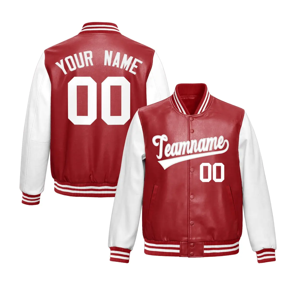 Red White Raglan Full-Snap Varsity Faux Leather Letterman Jacket