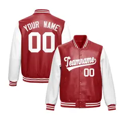 Red White Raglan Full-Snap Varsity Faux Leather Letterman Jacket 1