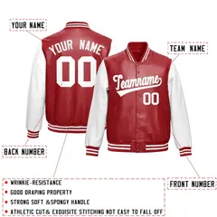 Red White Raglan Full-Snap Varsity Faux Leather Letterman Jacket 2