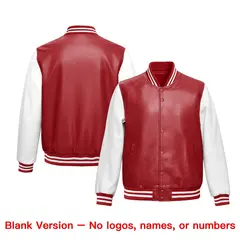 Red White Raglan Full-Snap Varsity Faux Leather Letterman Jacket 6