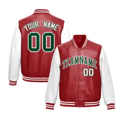 Red White Raglan Full-Snap Varsity Faux Leather Letterman Jacket
