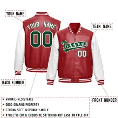 Red White Raglan Full-Snap Varsity Faux Leather Letterman Jacket 2