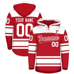 Red White Raglan Lace-Up Neck Hockey Hoodie Jersey
