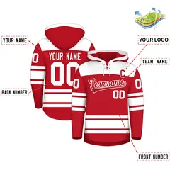 Red White Raglan Lace-Up Neck Hockey Hoodie Jersey 2