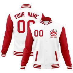 Red White Raglan Sleeves Full-Snap Letterman Cotton Jacket
