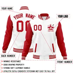 Red White Raglan Sleeves Full-Snap Letterman Cotton Jacket 2