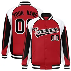 Red White Raglan Sleeves Varsity Full-Snap Color Block Letterman Jacket