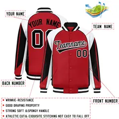 Red White Raglan Sleeves Varsity Full-Snap Color Block Letterman Jacket 2