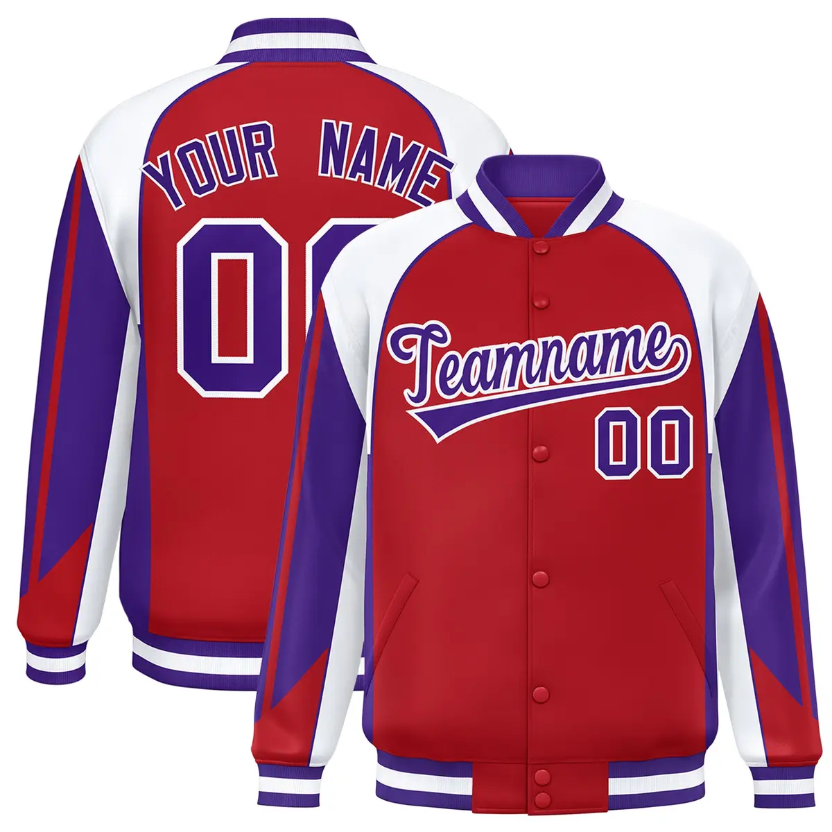 Red White Raglan Sleeves Varsity Full-Snap Color Block Letterman Jacket
