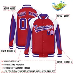 Red White Raglan Sleeves Varsity Full-Snap Color Block Letterman Jacket 2