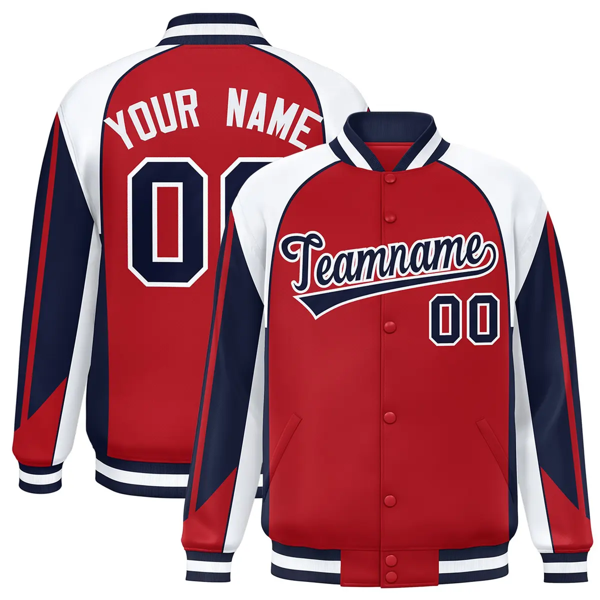 Red White Raglan Sleeves Varsity Full-Snap Color Block Letterman Jacket