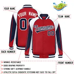 Red White Raglan Sleeves Varsity Full-Snap Color Block Letterman Jacket 2