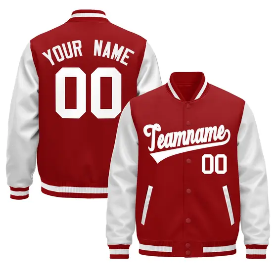 Red White Raglan Varsity Full-Snap Letterman Jacket