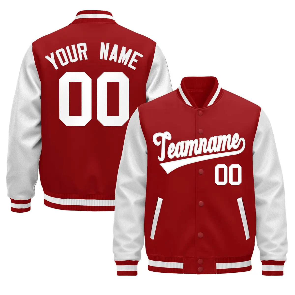 Red White Raglan Varsity Full-Snap Letterman Jacket