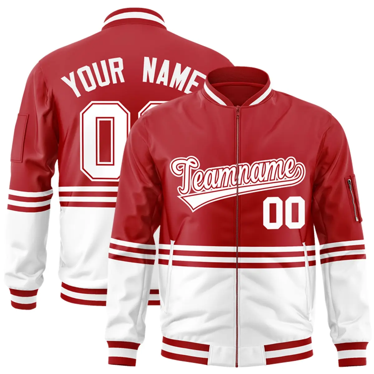 Red White-Red Color Block Varsity Full-Zip Letterman Bomber Jacket