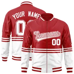 Red White-Red Color Block Varsity Full-Zip Letterman Bomber Jacket