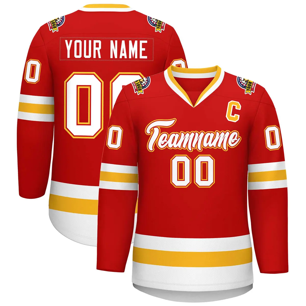 Red White Red-Gold Classic Style Hockey Jersey