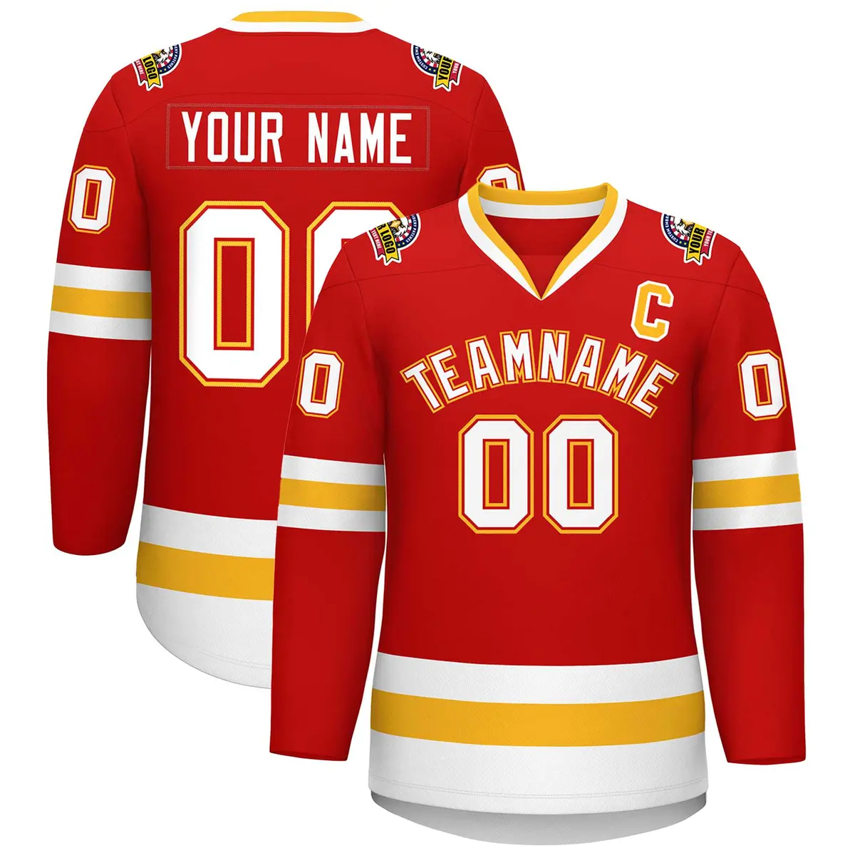 Red White Red-Gold Classic Style Hockey Jersey