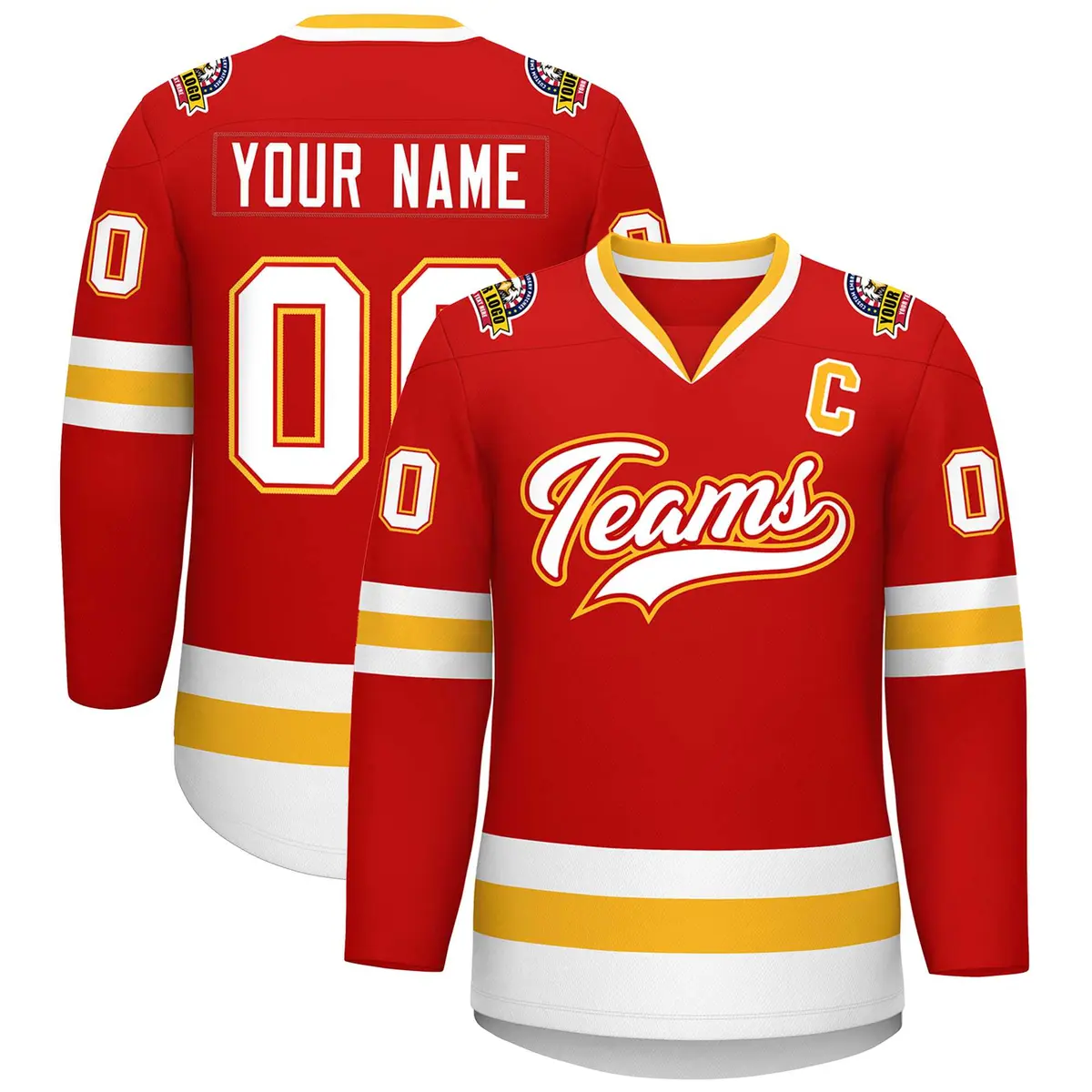 Red White Red-Gold Classic Style Hockey Jersey