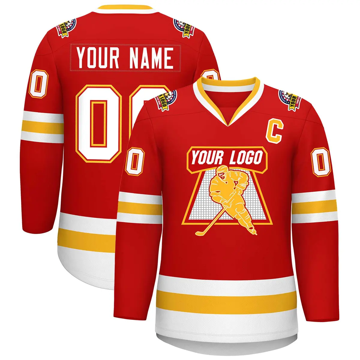 Red White Red-Gold Classic Style Hockey Jersey