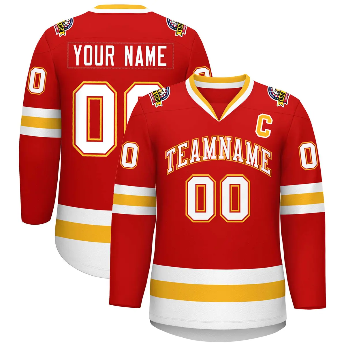 Red White Red-Gold Classic Style Hockey Jersey