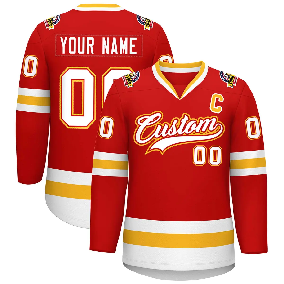 Red White Red-Gold Classic Style Hockey Jersey
