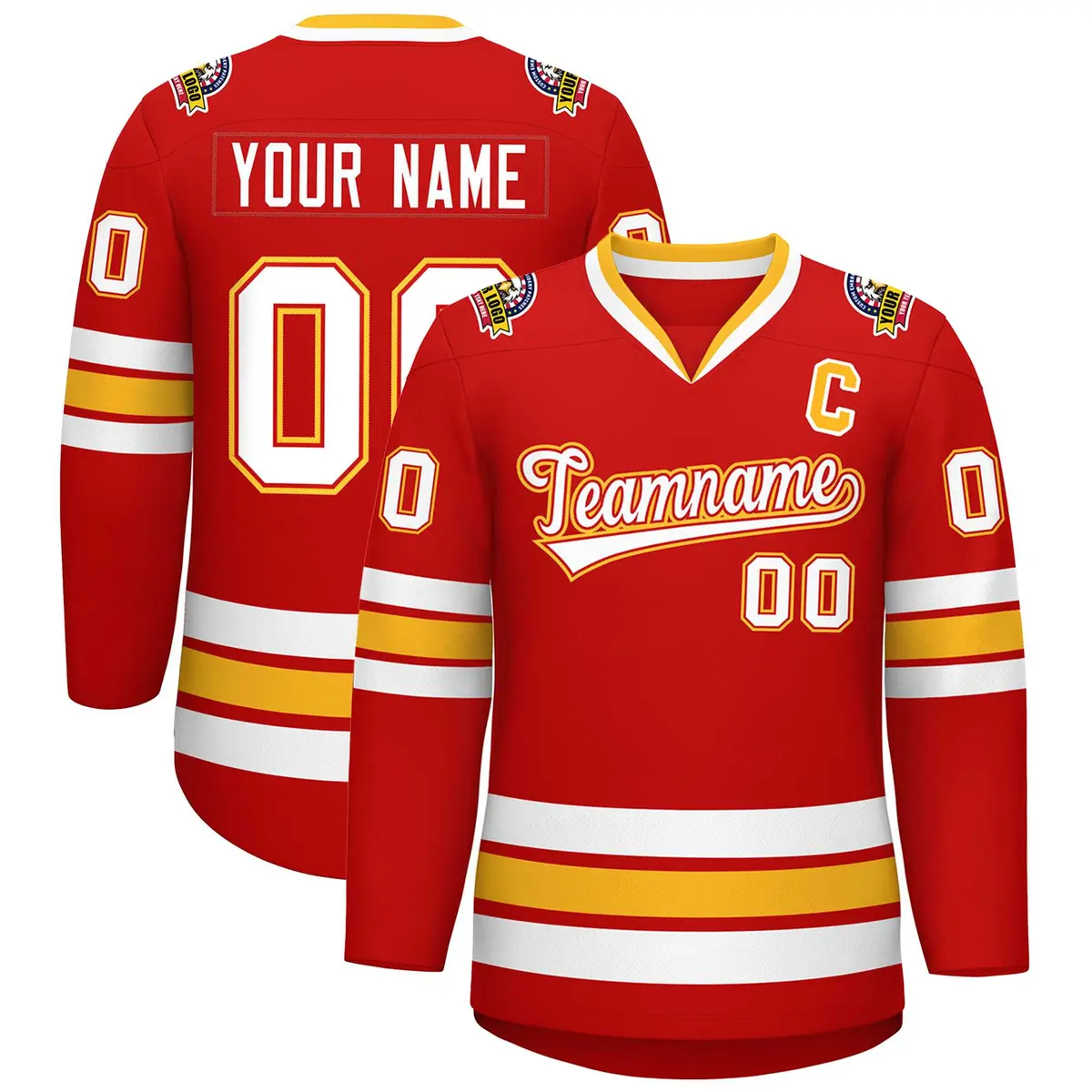 Red White Red-Gold Classic Style Hockey Jersey