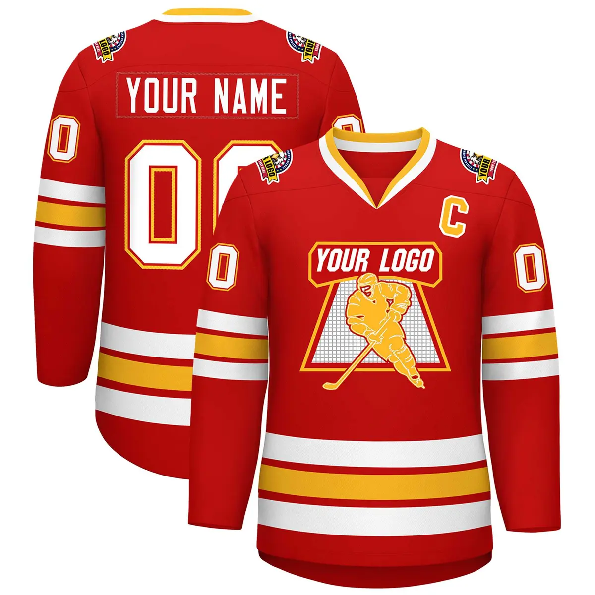 Red White Red-Gold Classic Style Hockey Jersey
