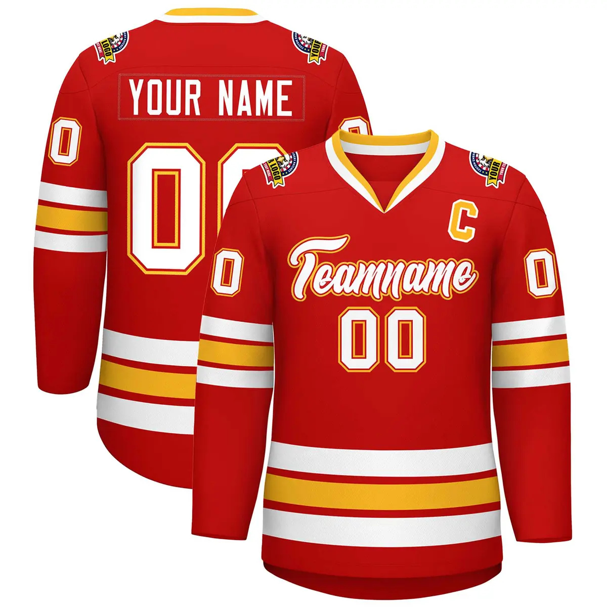 Red White Red-Gold Classic Style Hockey Jersey