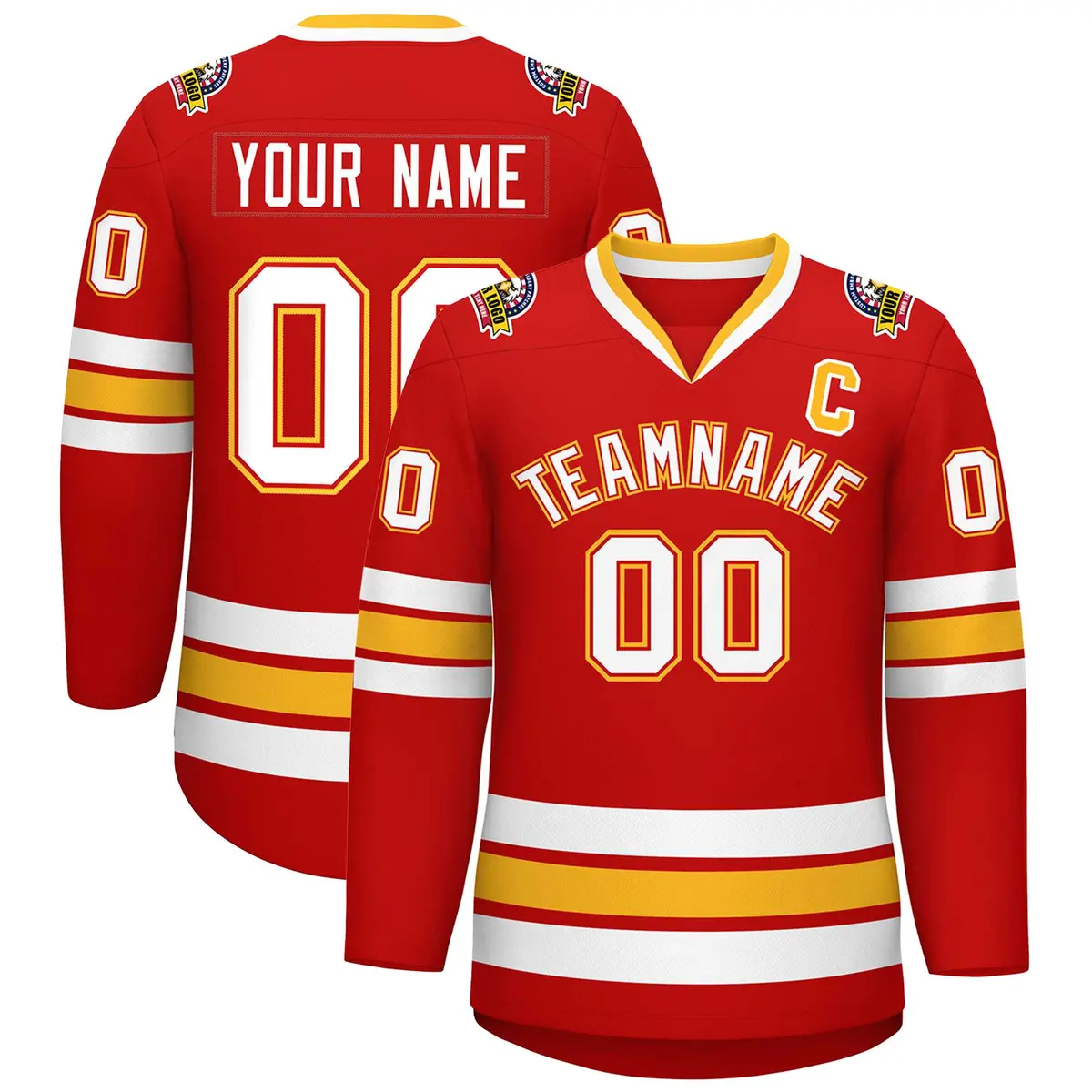 Red White Red-Gold Classic Style Hockey Jersey