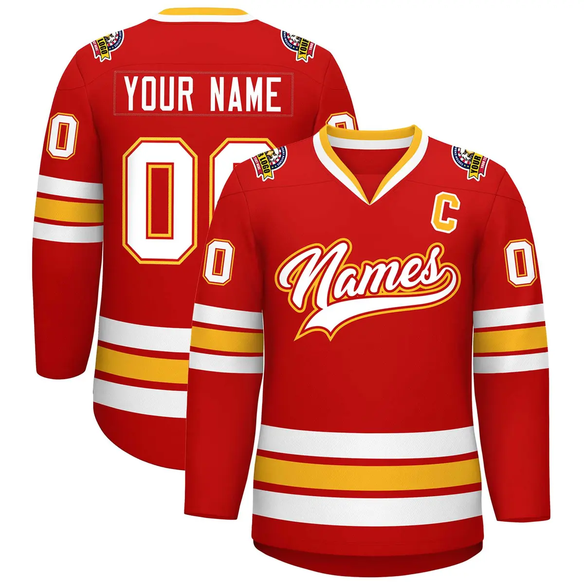 Red White Red-Gold Classic Style Hockey Jersey