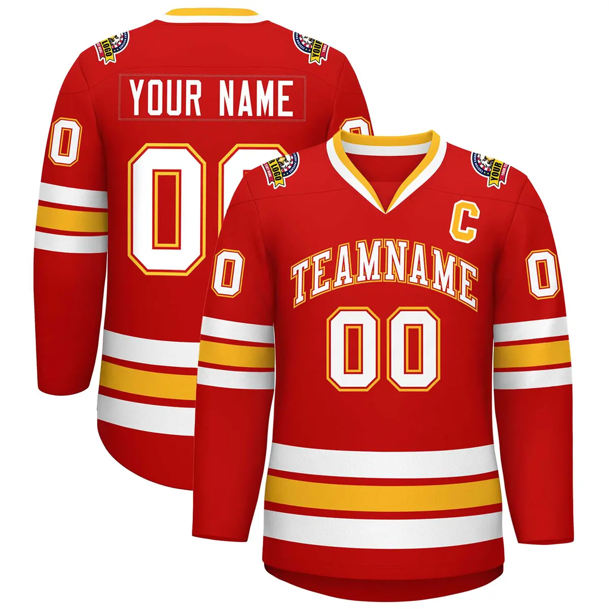 Red White Red-Gold Classic Style Hockey Jersey