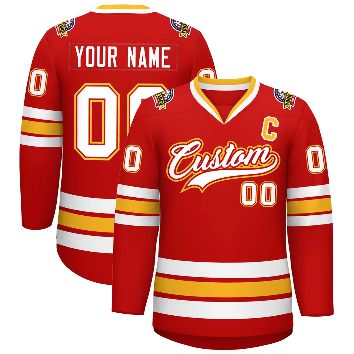 Red White Red-Gold Classic Style Hockey Jersey