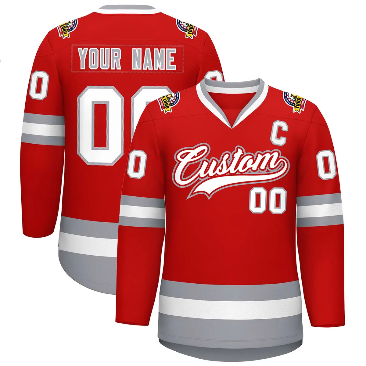 Red White Red-Gray Classic Style Hockey Jersey