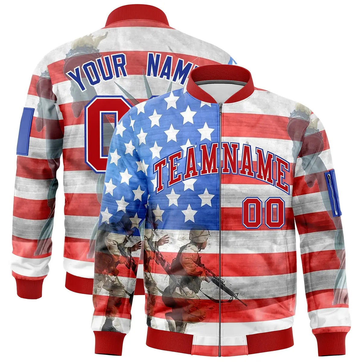 Red White Royal Blue American Flag Independence Day Full Zip Wrinkle-Resistant Jacket