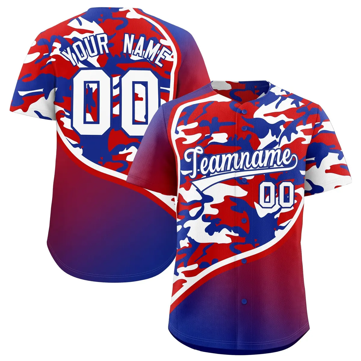 Red White Royal Blue Camo Gradient Fashion Baseball Jersey
