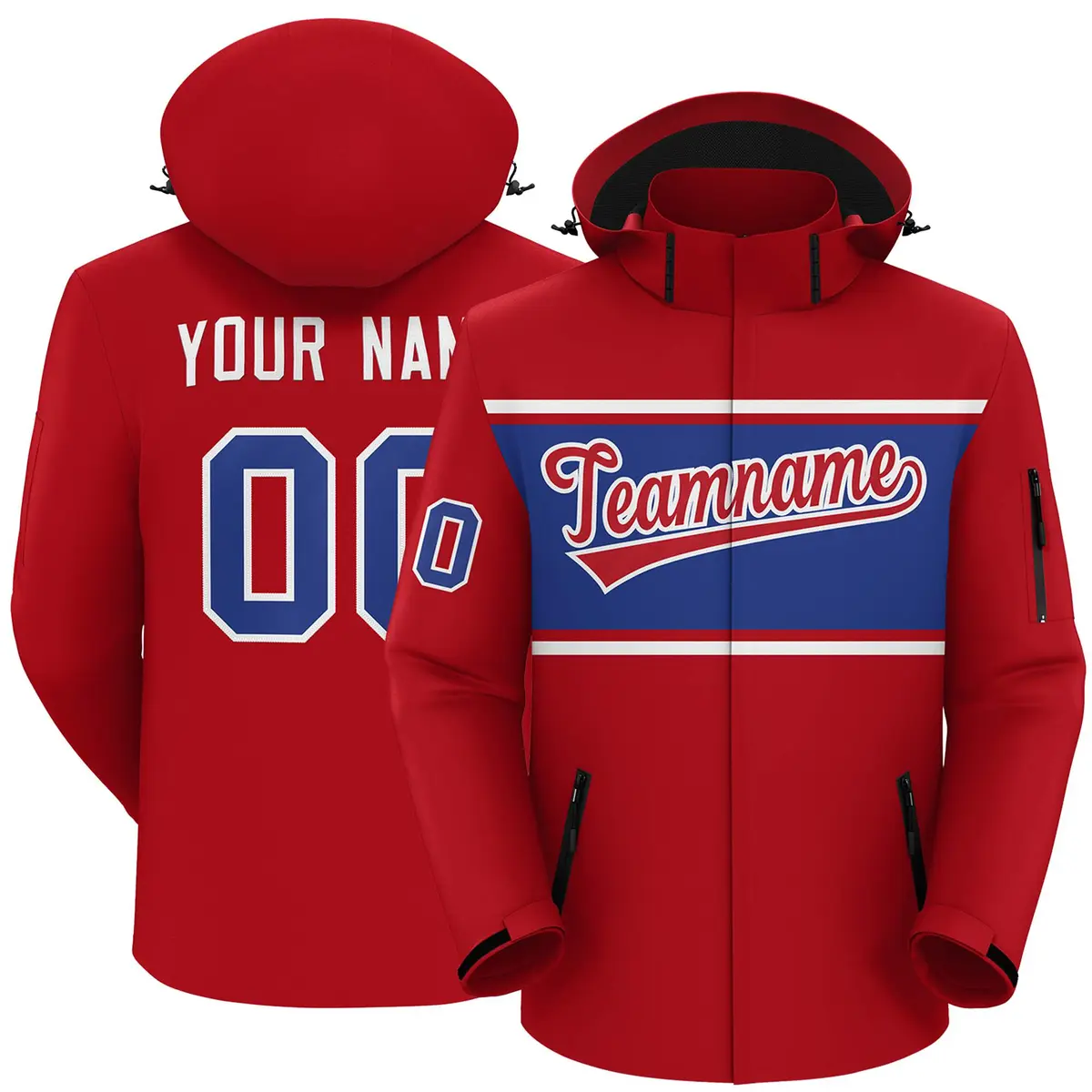 Red White-Royal Color Block Hooded Waterproof Outdoor Jacket