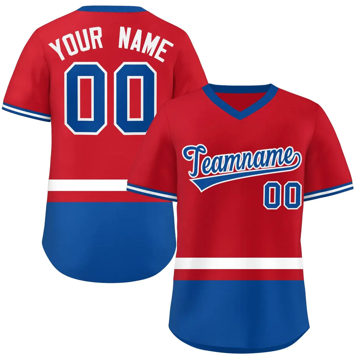 Red White-Royal Color Block V-Neck Pullover Baseball Jersey
