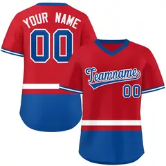 Red White-Royal Color Block V-Neck Pullover Baseball Jersey