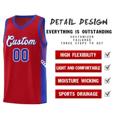 Red White-Royal Side Stripe Basketball Jersey 5