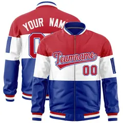 Red White-Royal Varsity Color Block Full-Zip Letterman Bomber Jacket